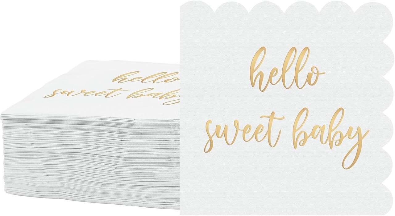 100 Pcs Scalloped Baby Shower Napkins Hello Sweet Decorations 5 x 5 Inch for Baby Shower Party Decor(white, gold)